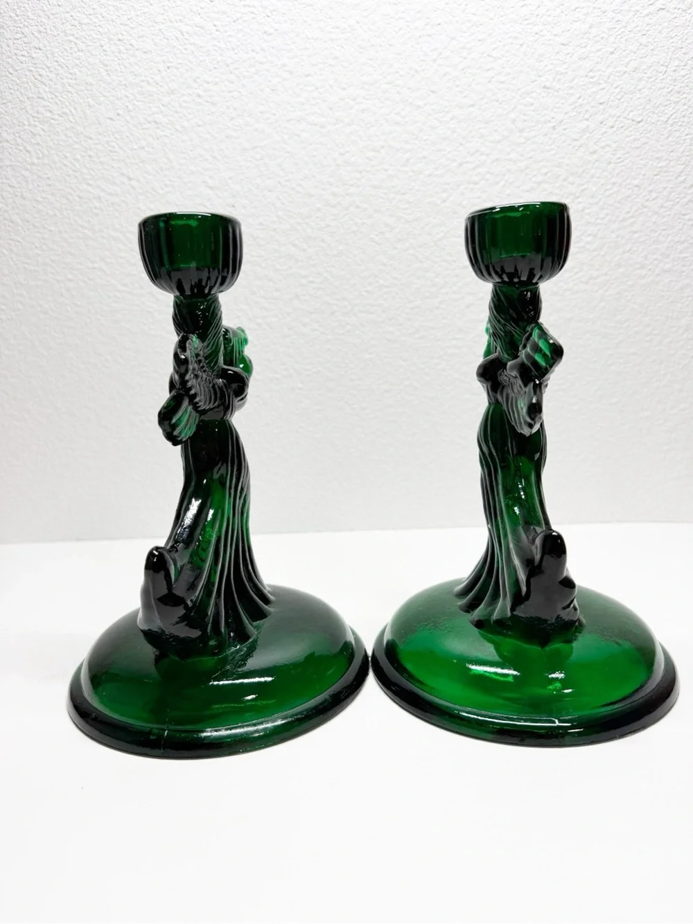 Vintage Emerald Green Glass Angel Taper Candle Holders